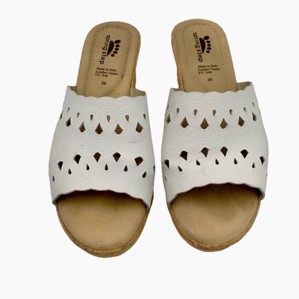 Spring Step White Sandals Slides Leather Women Sz 39 US 8-8.5 Made Italy Cutouts